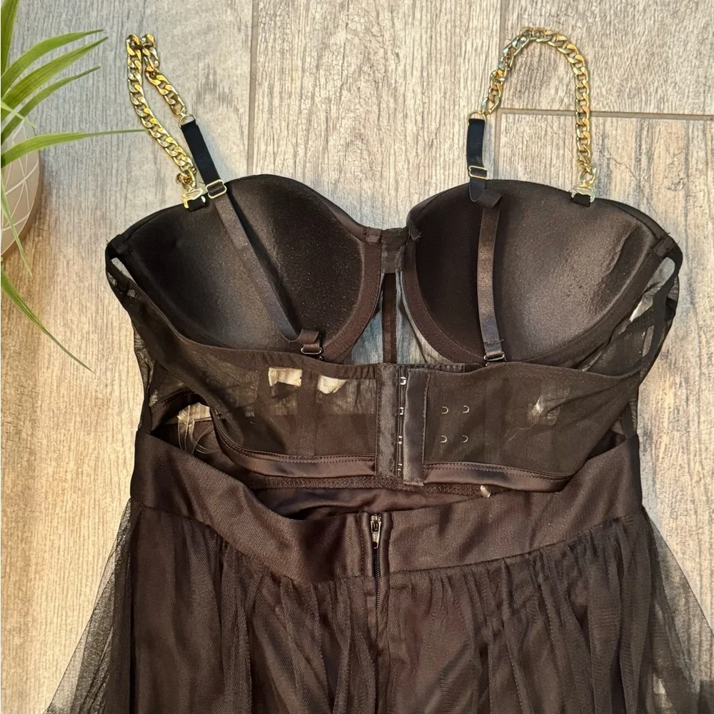 The Vintage Shop Black Corset Top Dress Tulle Skirt, Removable Gold Chain Straps - Picture 8 of 9